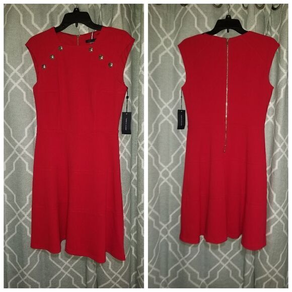 TOMMY HILFIGER Womens Red  Knee Length Party Fit + Flare Dress New 4 - Picture 2 of 15